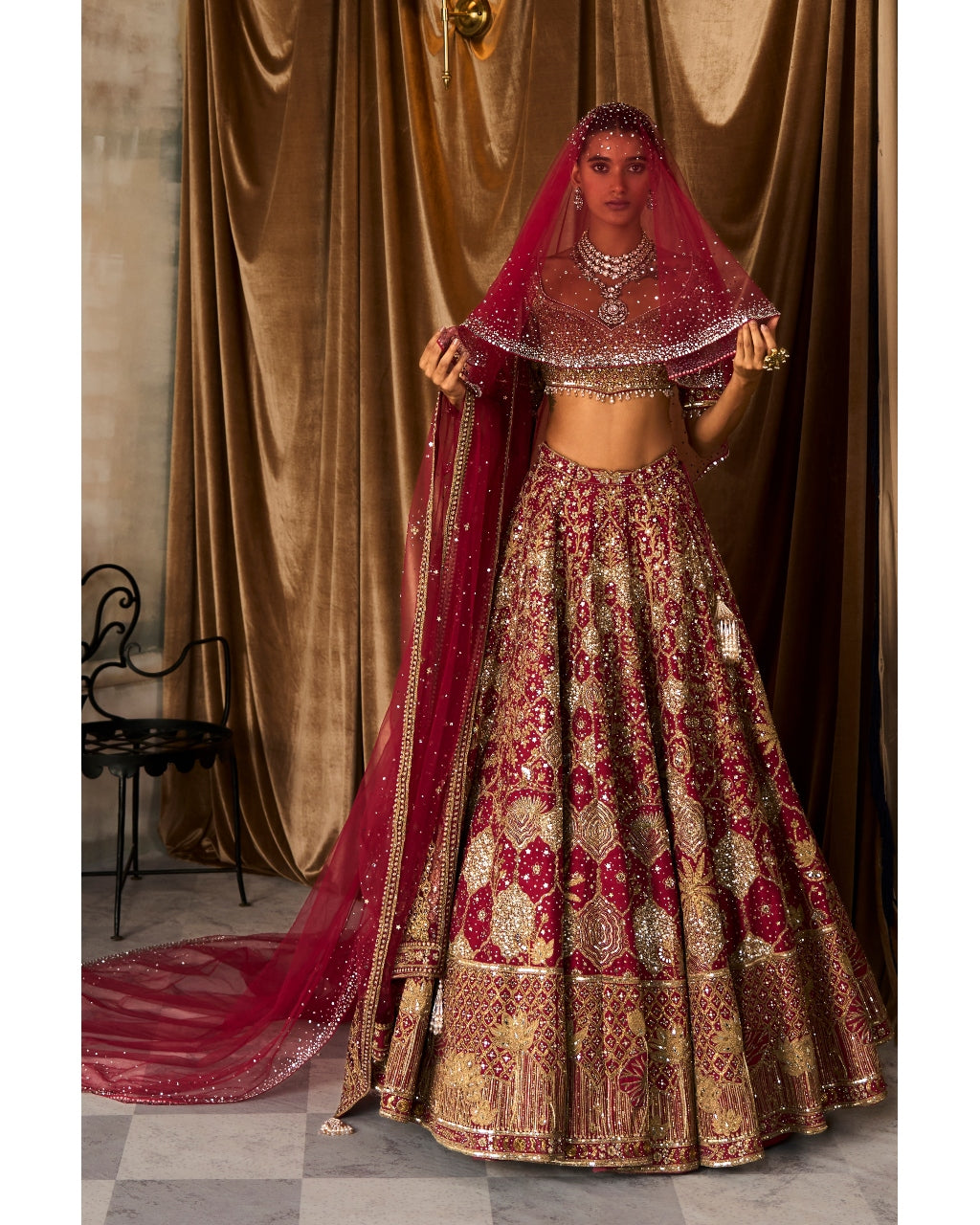 The Vintage Lotus Pond Scarlet Lehenga Set