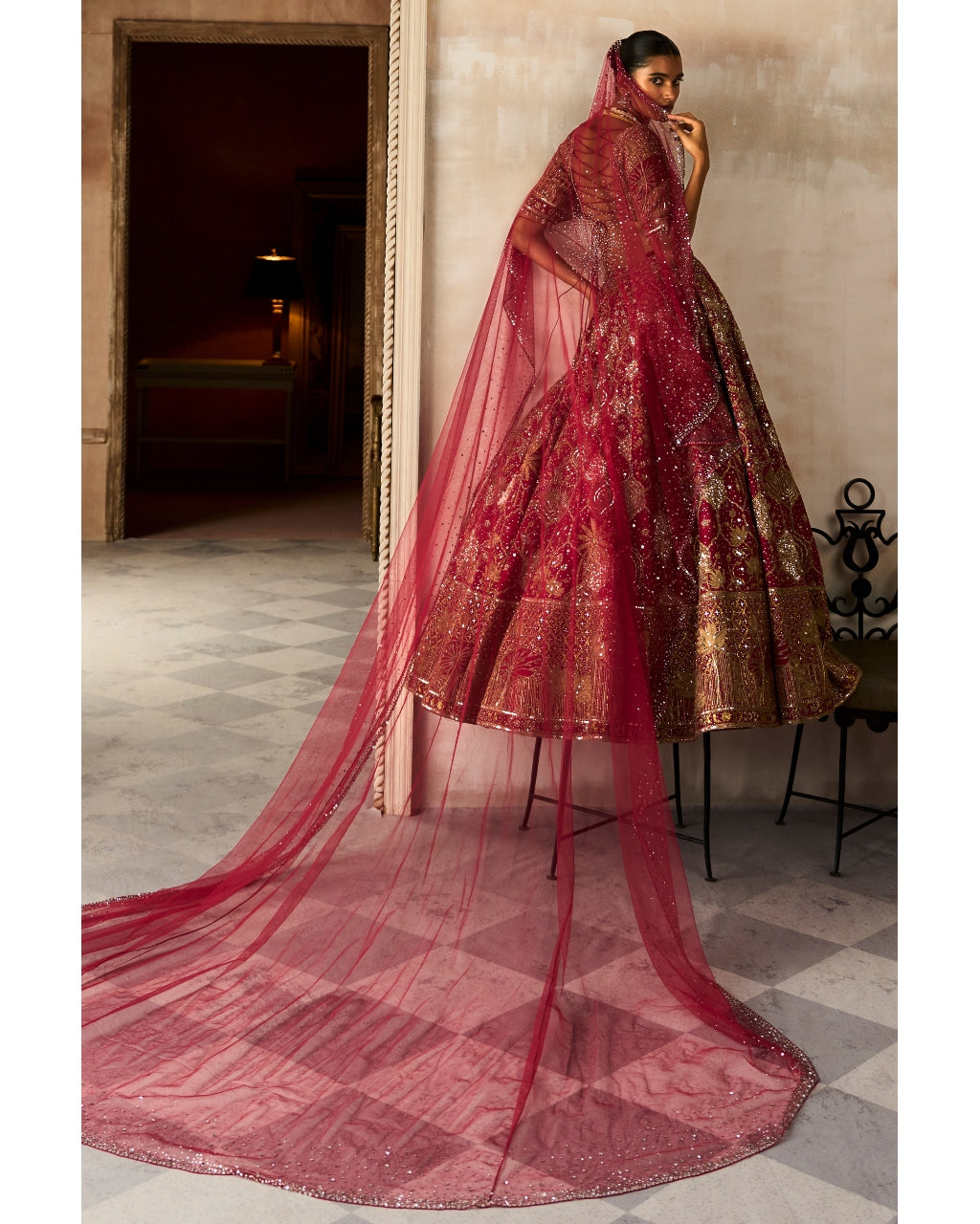 The Vintage Lotus Pond Scarlet Lehenga Set