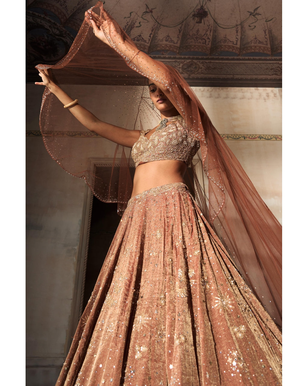 Tuscan Pardise Old World Tangerine Lehenga Set
