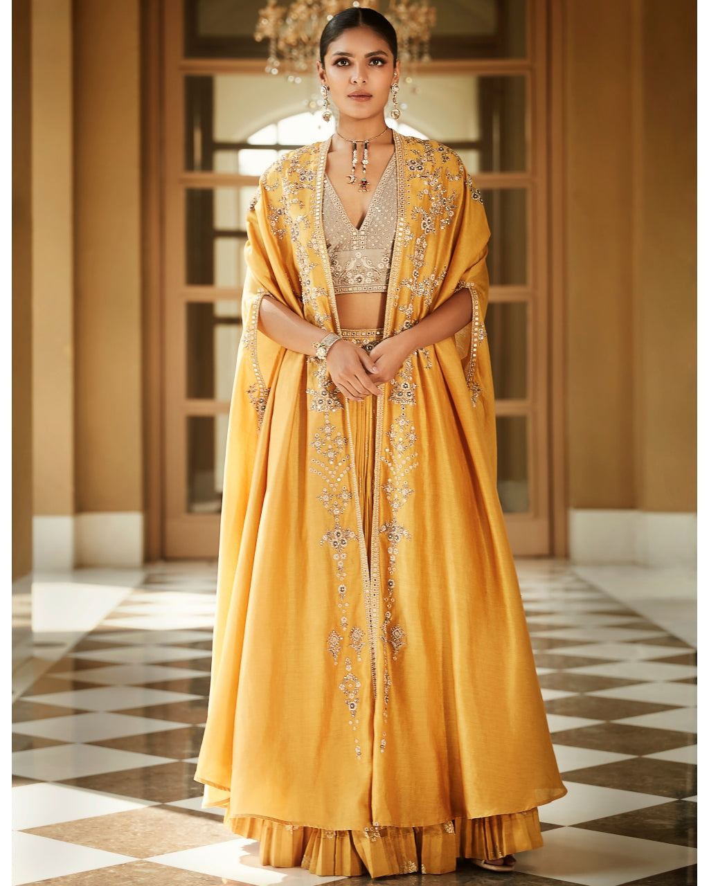 Haldi Yellow Venetian Cape Set