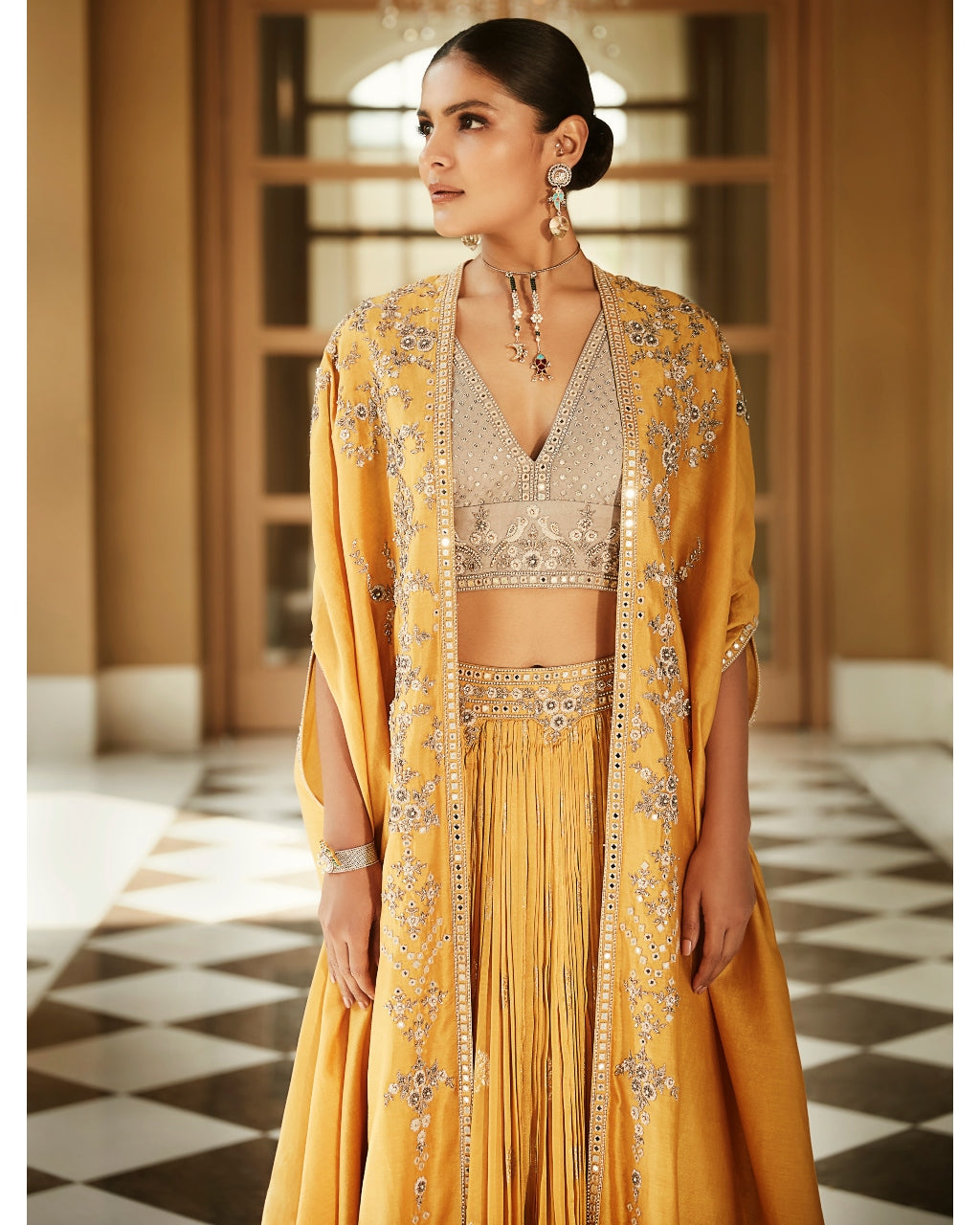 Haldi Yellow Venetian Cape Set