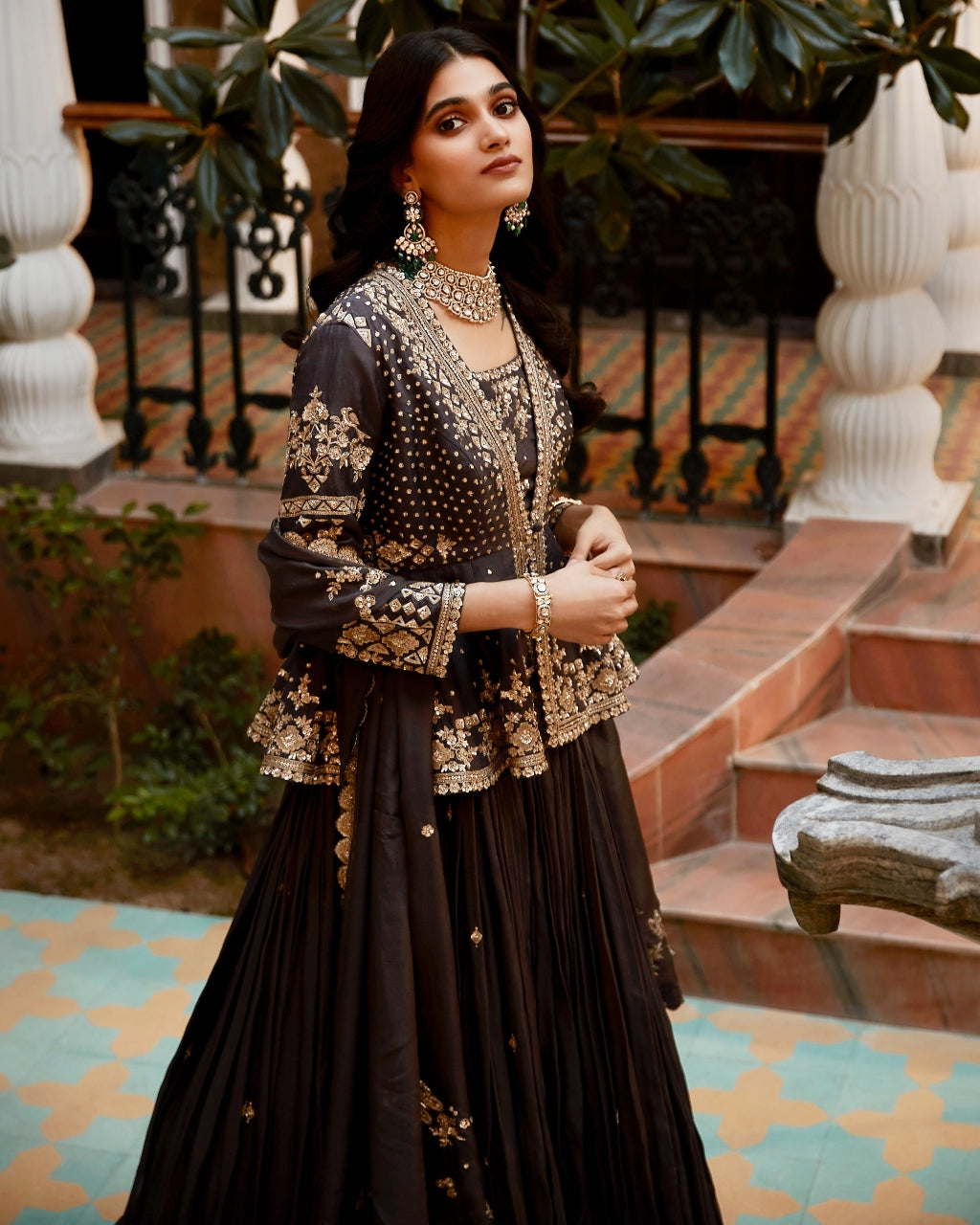 The British Grey Royal Matsya Peplum Lehenga Set