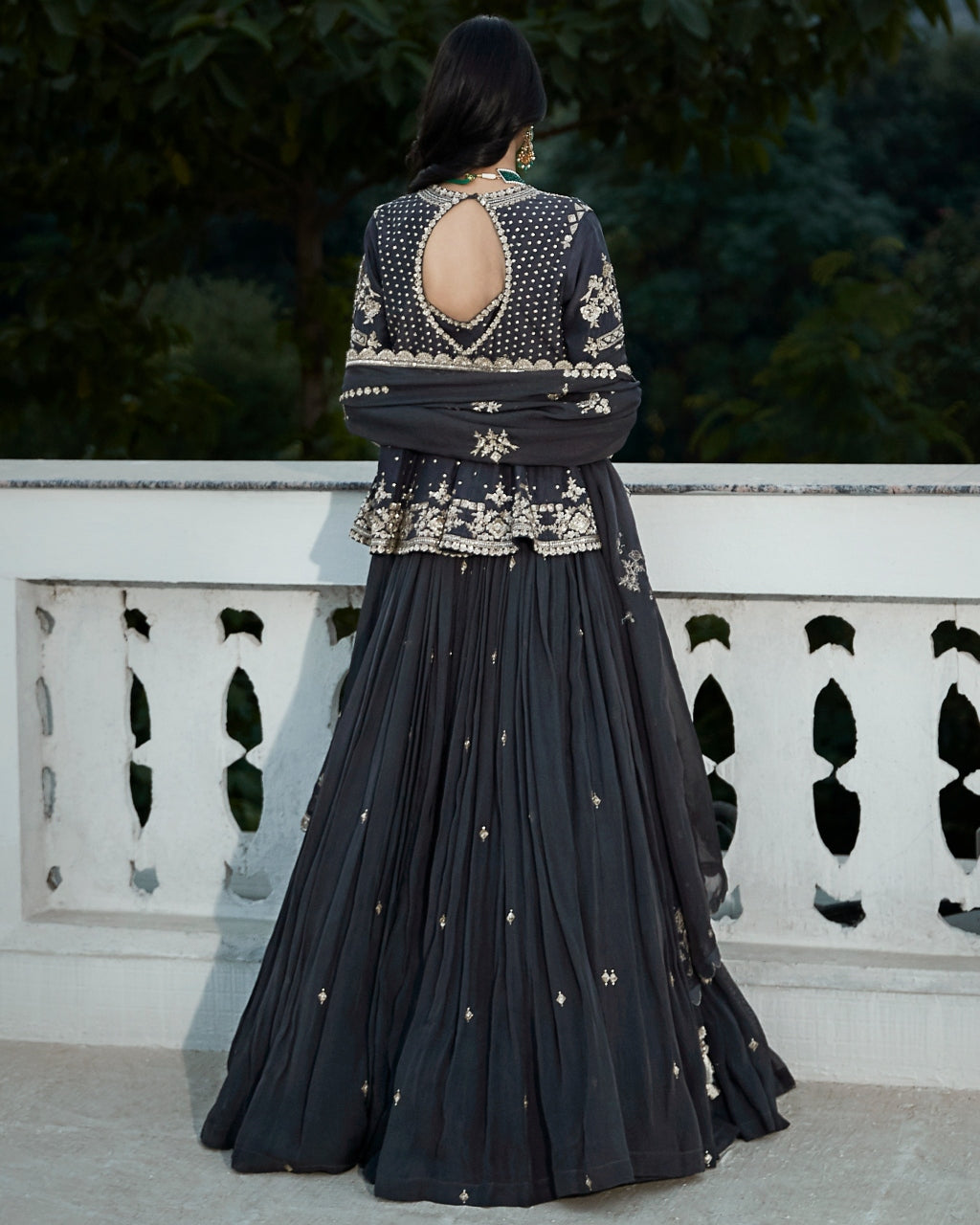 The British Grey Royal Matsya Peplum Lehenga Set