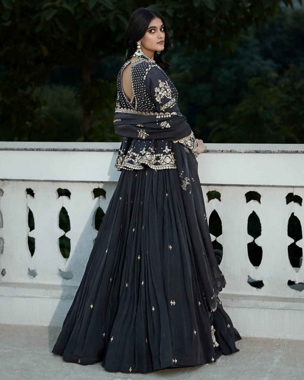 The British Grey Royal Matsya Peplum Lehenga Set