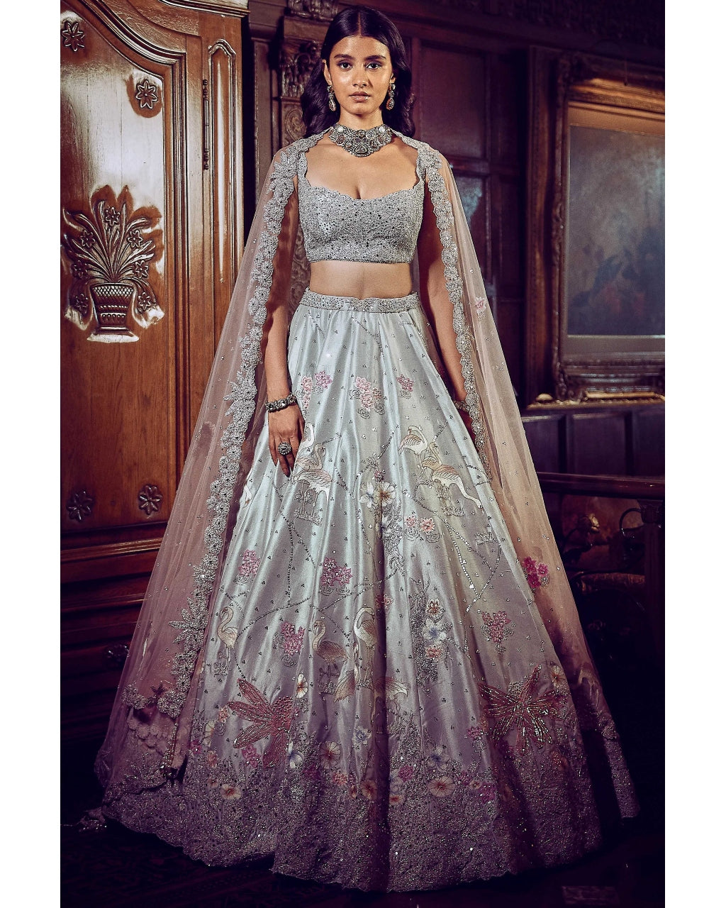 The Ice Blue Flamingo Landscape Lehenga Set