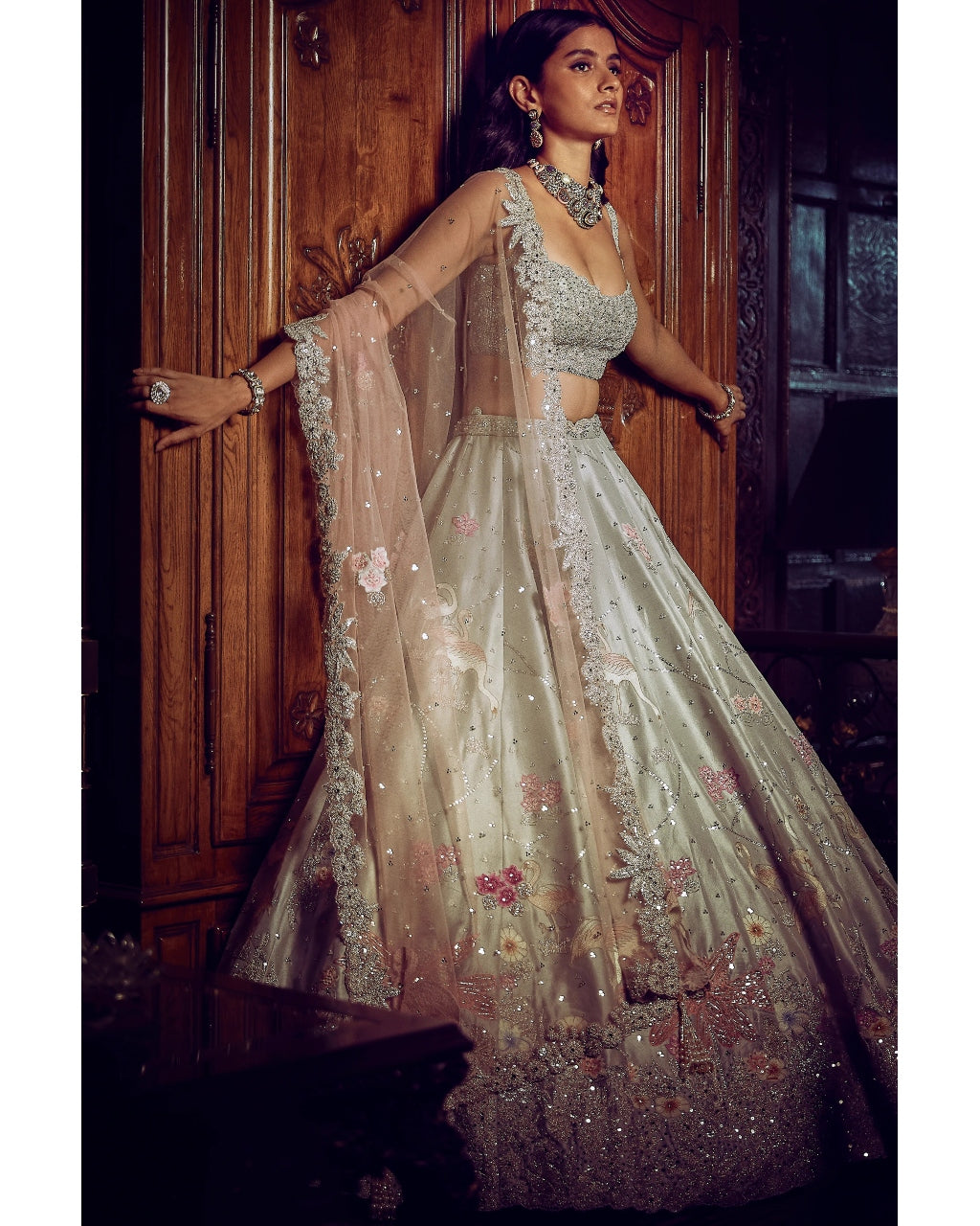 The Ice Blue Flamingo Landscape Lehenga Set