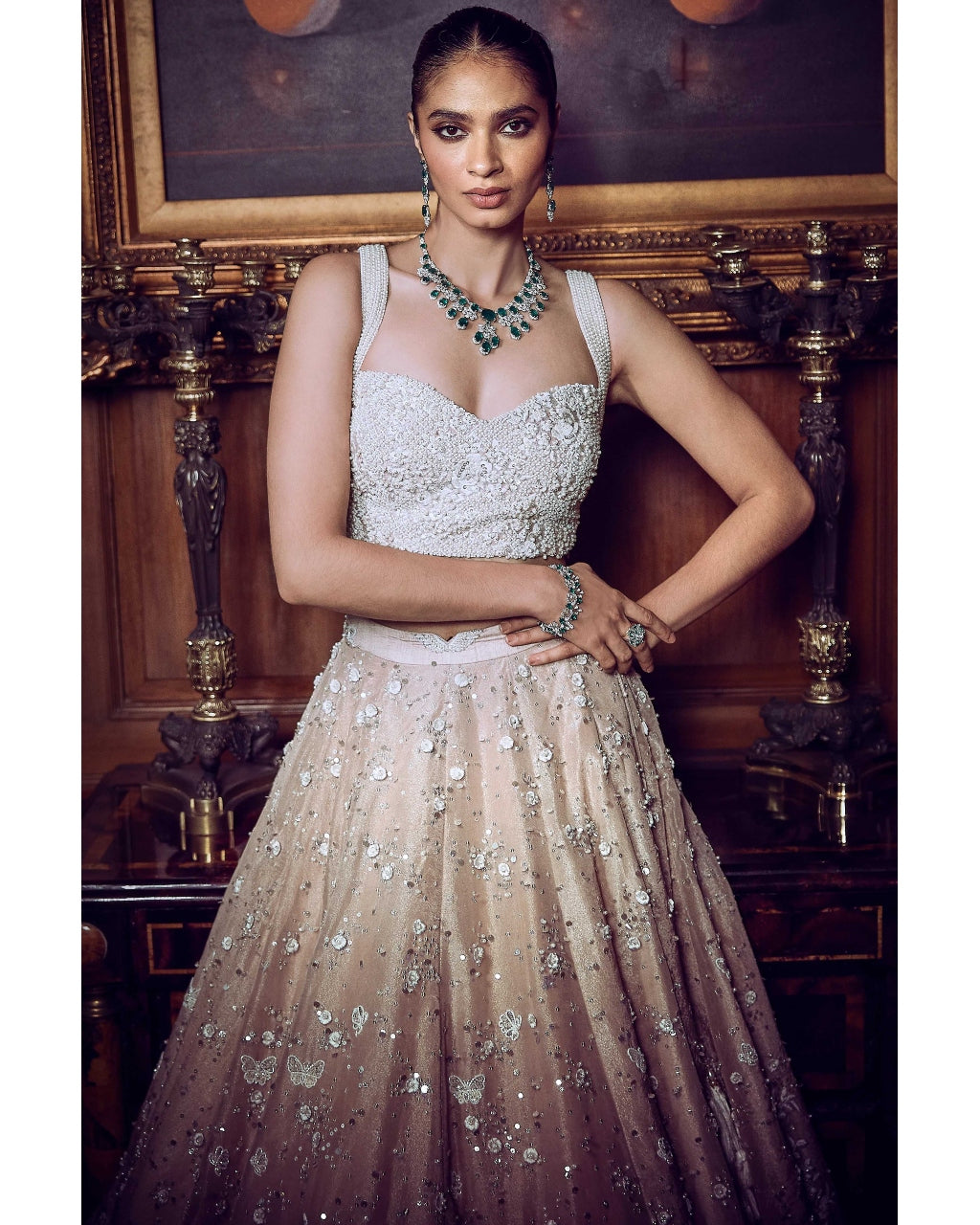 The Contemporary Parsi Aged Peach Lehenga Set