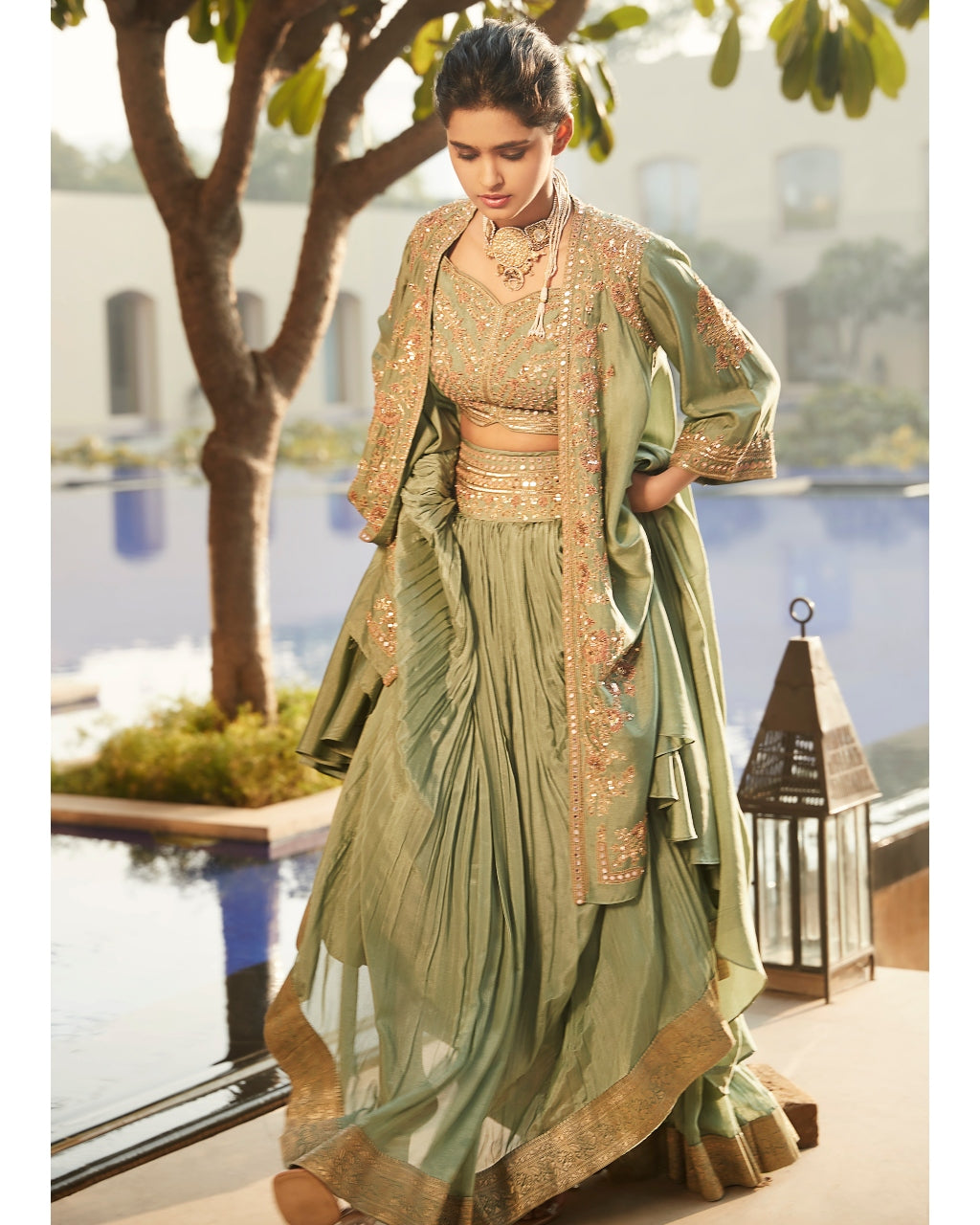 Jade Green Florentine Nayaab Cape Lehenga