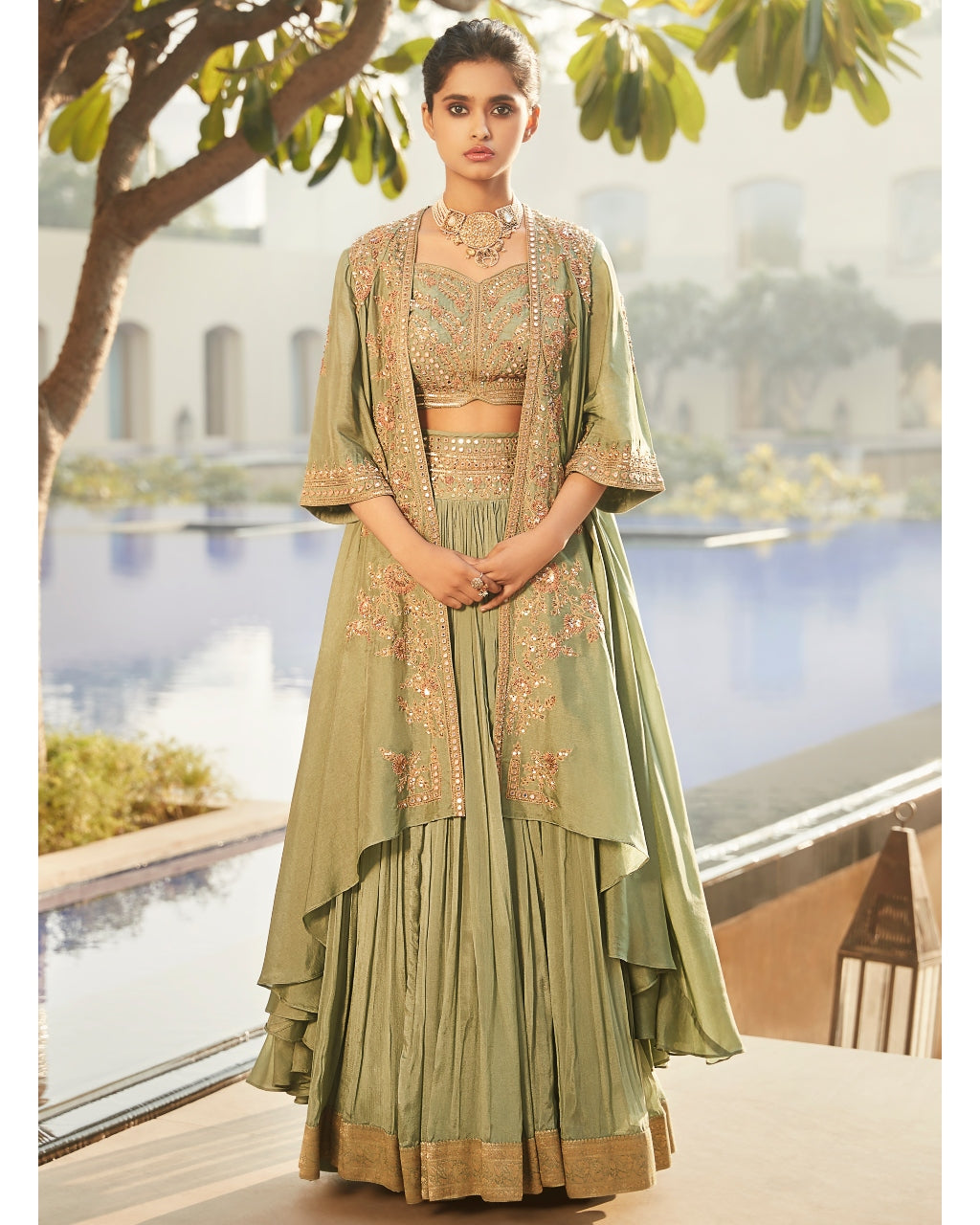 Jade Green Florentine Nayaab Cape Lehenga