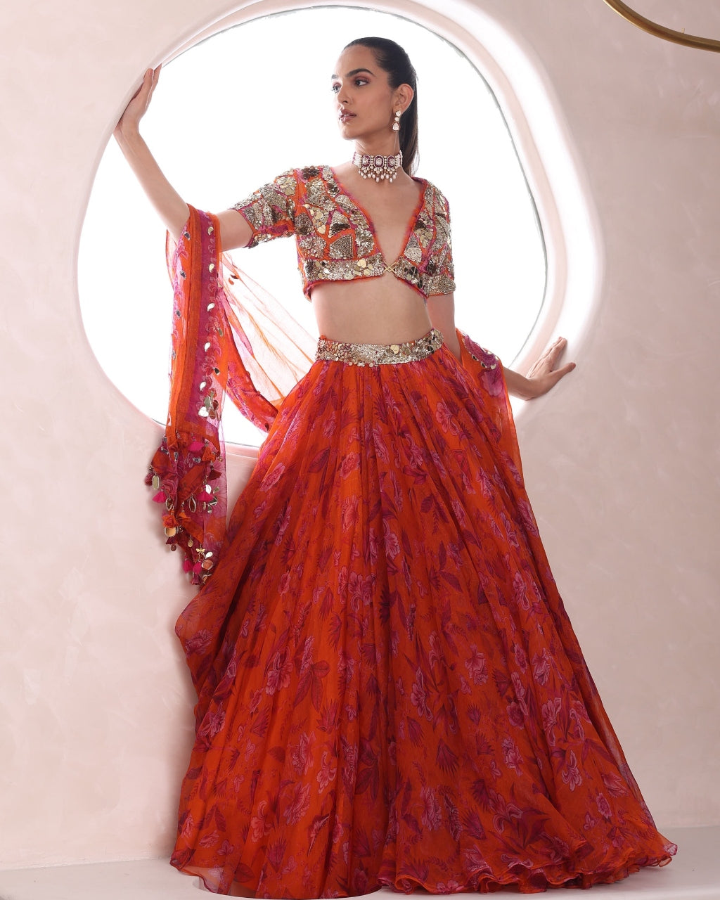 Red And Gold Periwinkle Lehenga Set | KYNAH