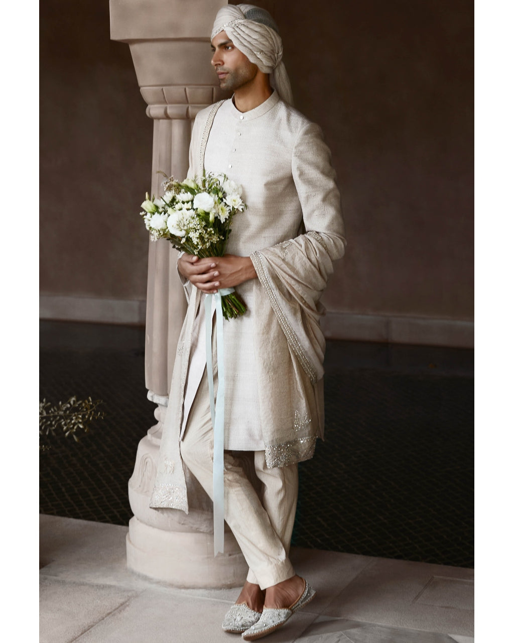 The Silver Needle Ekru Sherwani Set