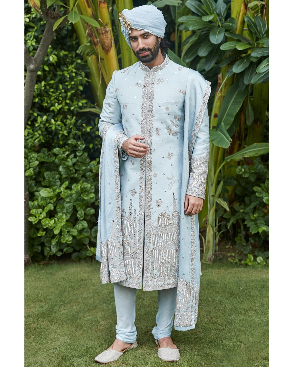 The Ice Blue Landscape Sherwani Set