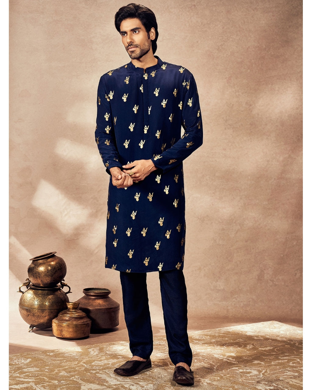 Blue Ganesha Foil Kurta Set