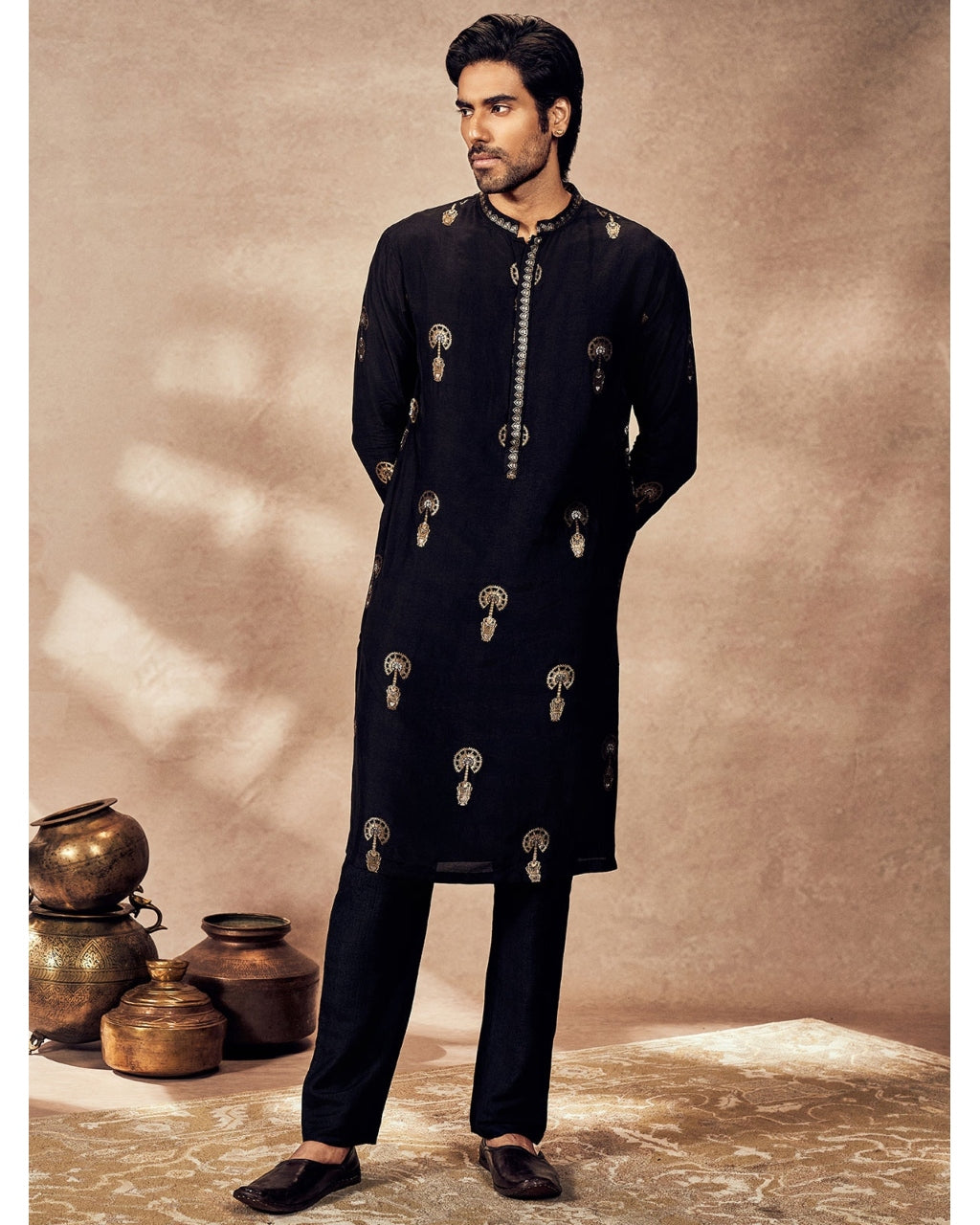 Black Traveler's Palm Jacquard Kurta