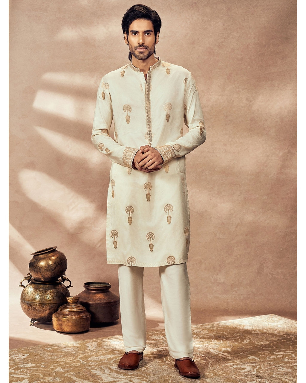 Ivory Traveler's Palm Jacquard Kurta