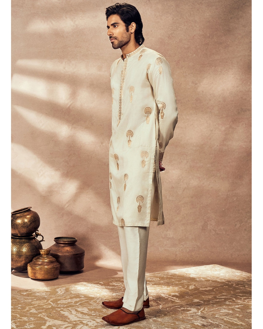 Ivory Traveler's Palm Jacquard Kurta