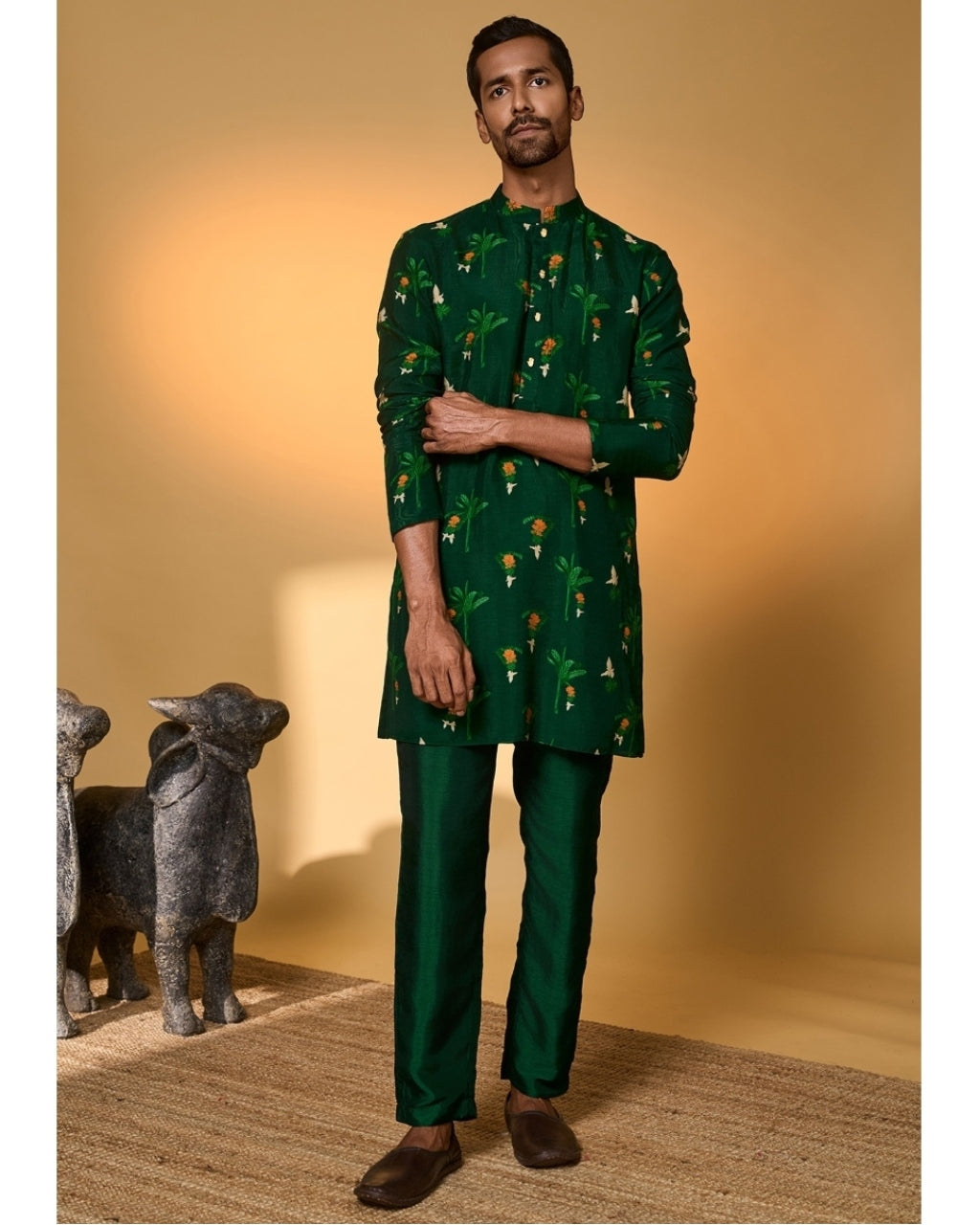 Bottle Green Tropical Kurta Set