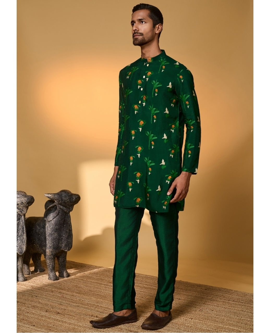 Bottle Green Tropical Kurta Set