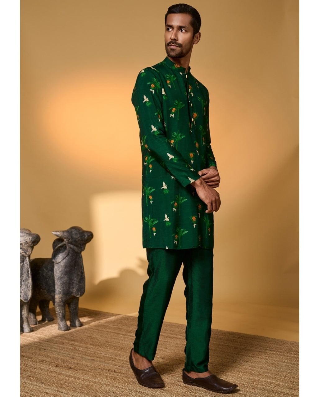 Bottle Green Tropical Kurta Set