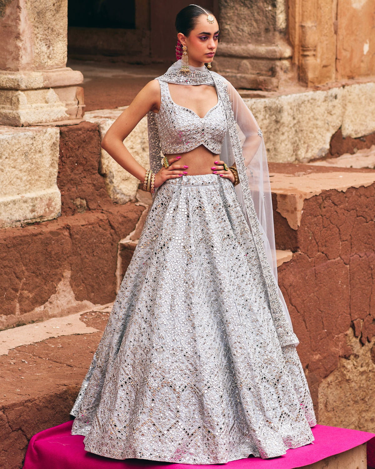 Ice Grey Raw Silk Lehenga Set