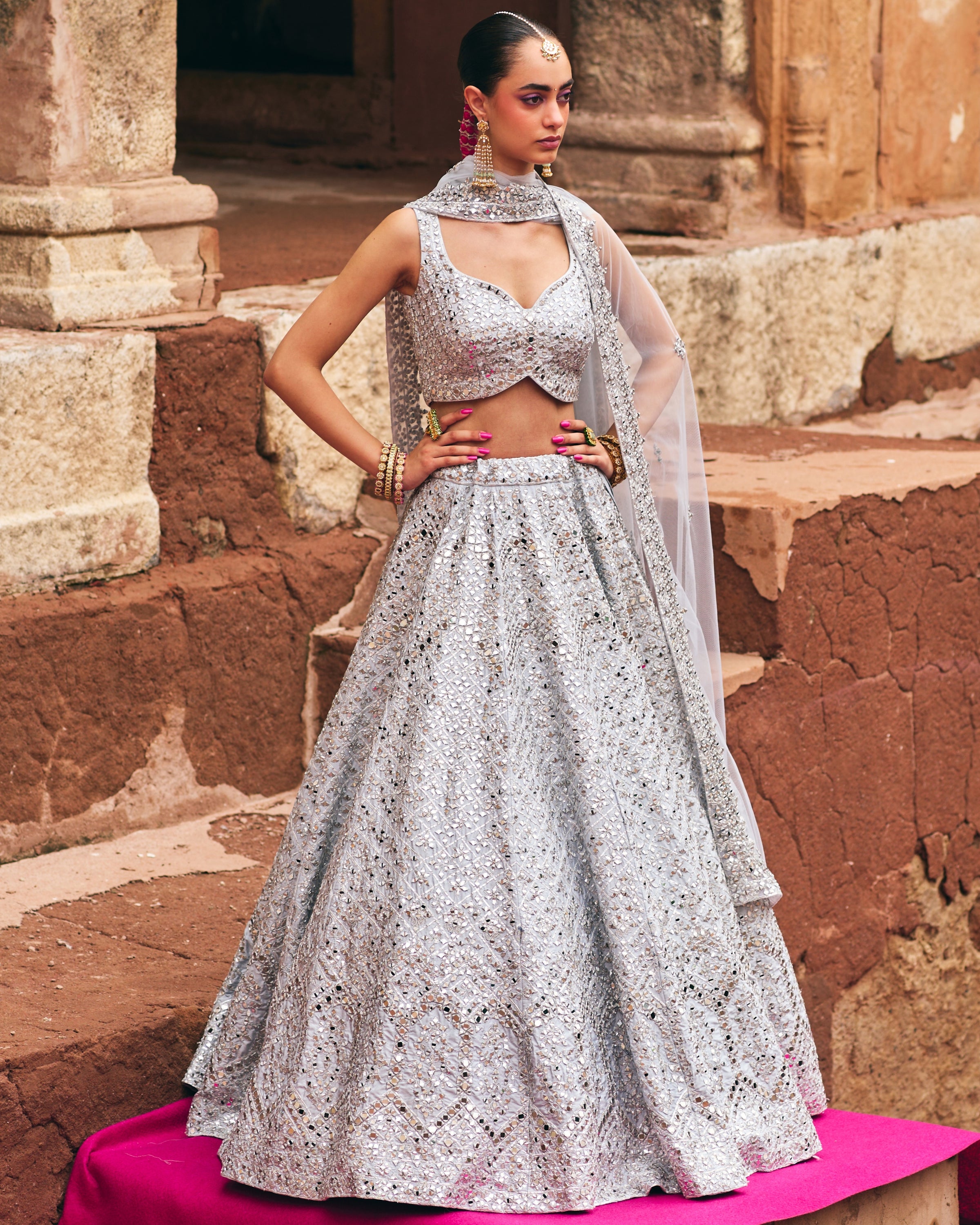 Ice Grey Raw Silk Lehenga Set