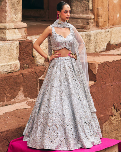 Ice Grey Raw Silk Lehenga Set