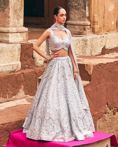 Ice Grey Raw Silk Lehenga Set