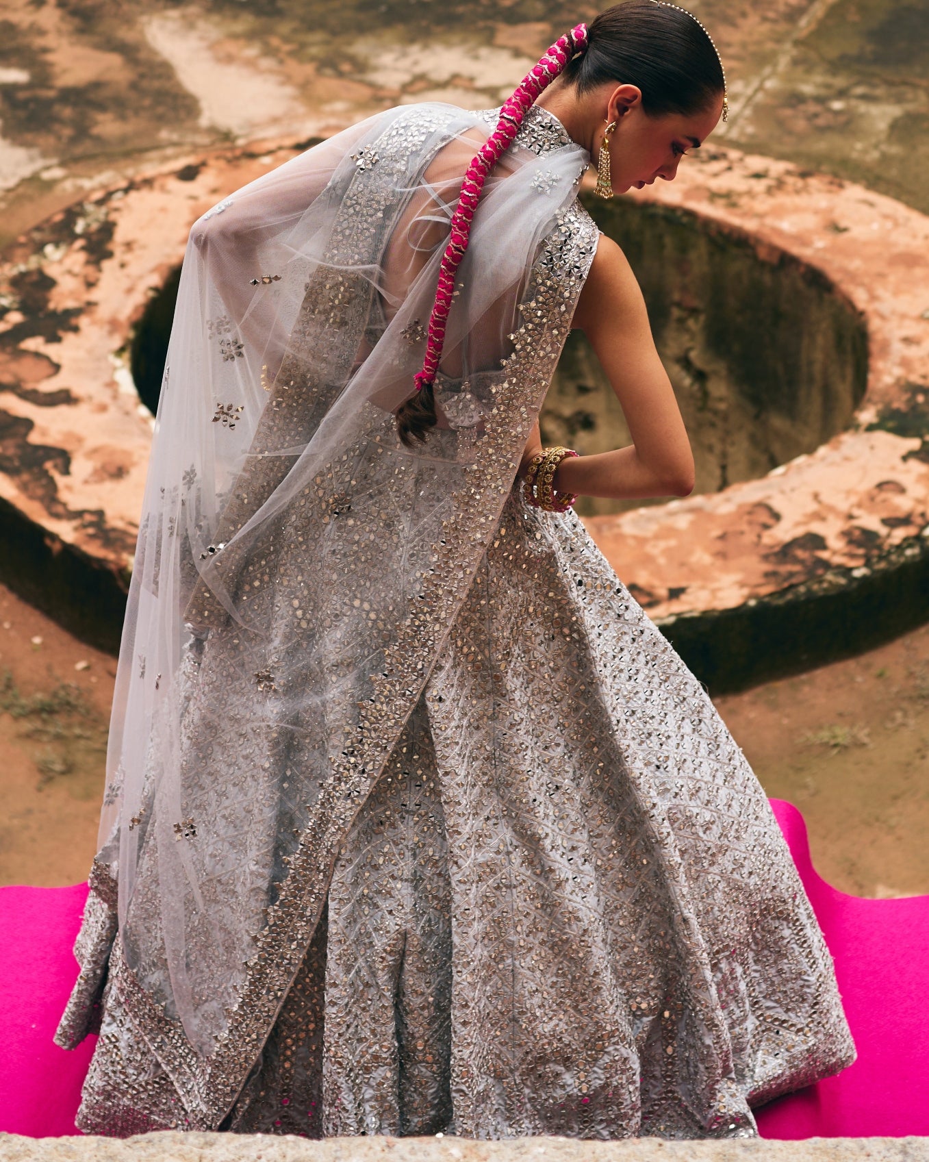 Ice Grey Raw Silk Lehenga Set