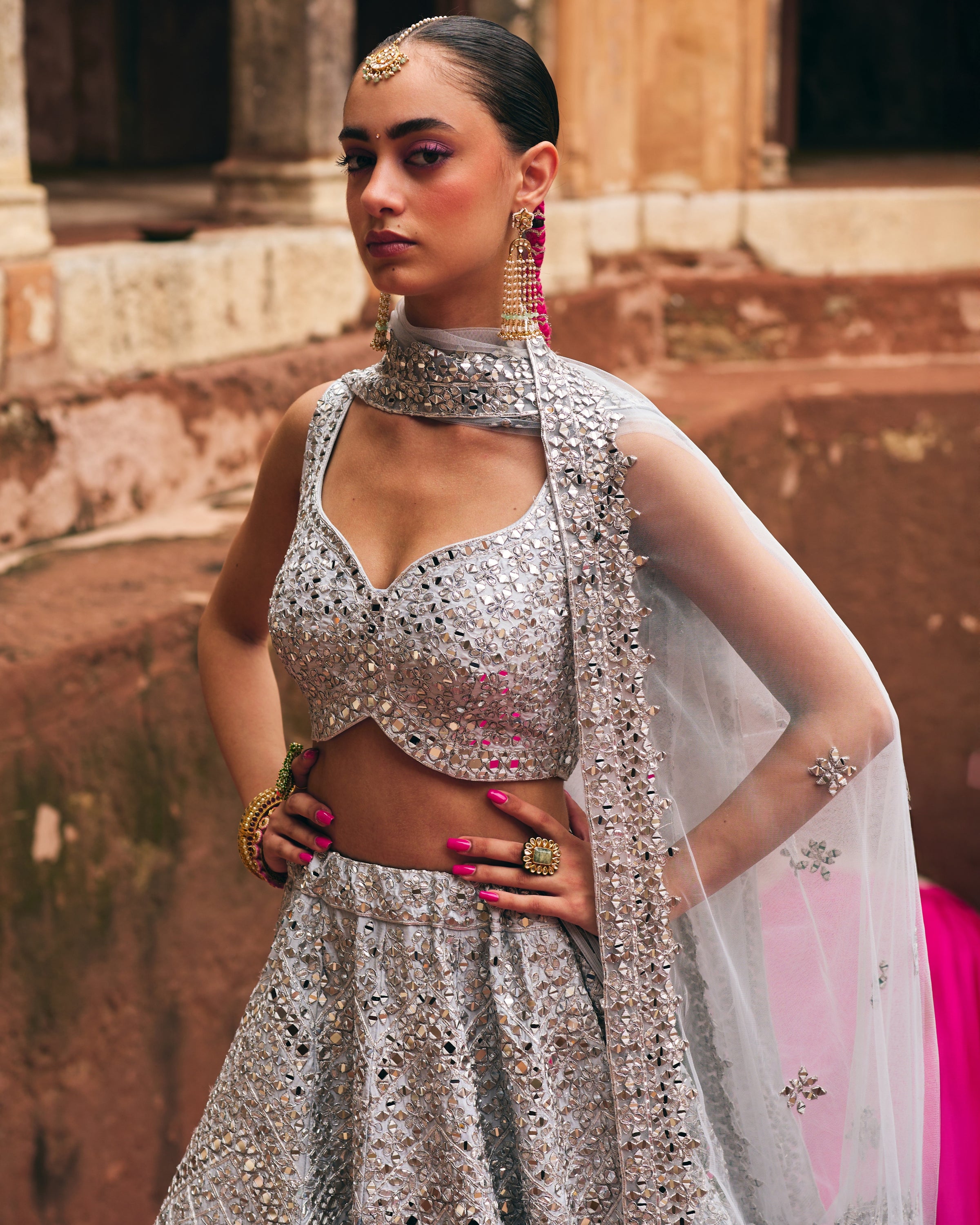 Ice Grey Raw Silk Lehenga Set