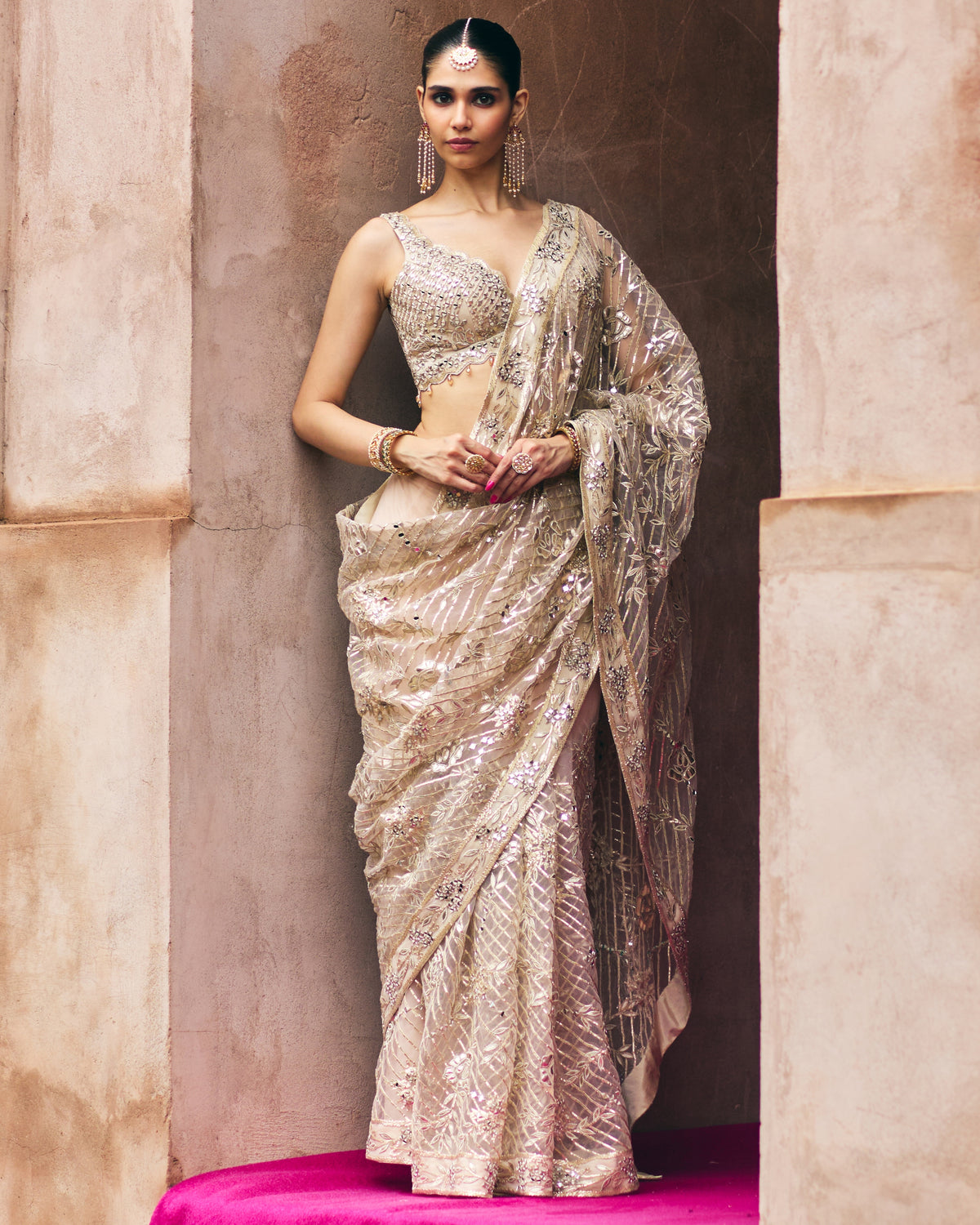 Rose Gold Net Sari Set