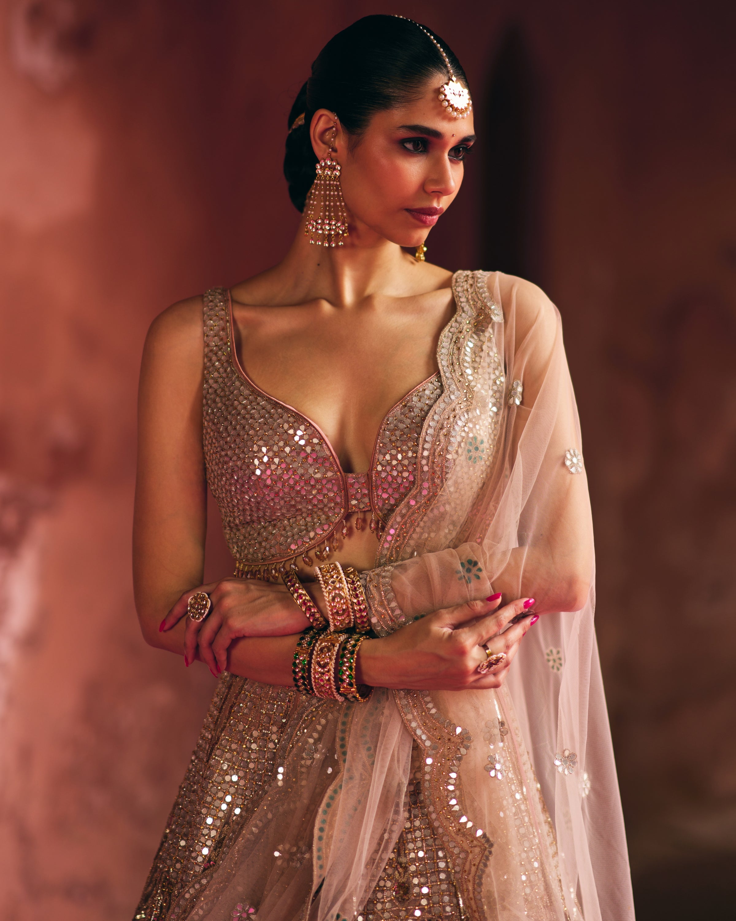 Nude Peach Organza Lehenga Set