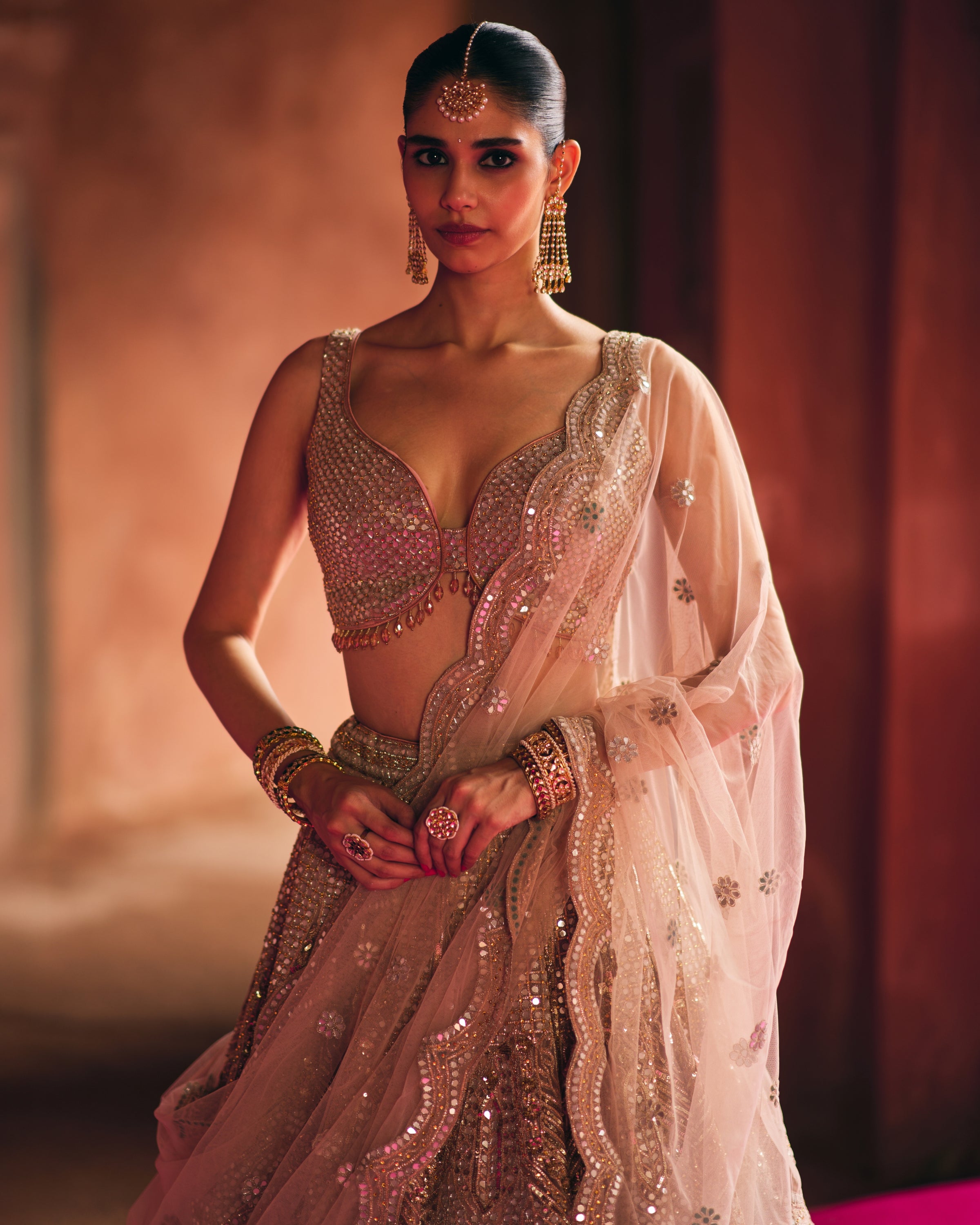 Nude Peach Organza Lehenga Set