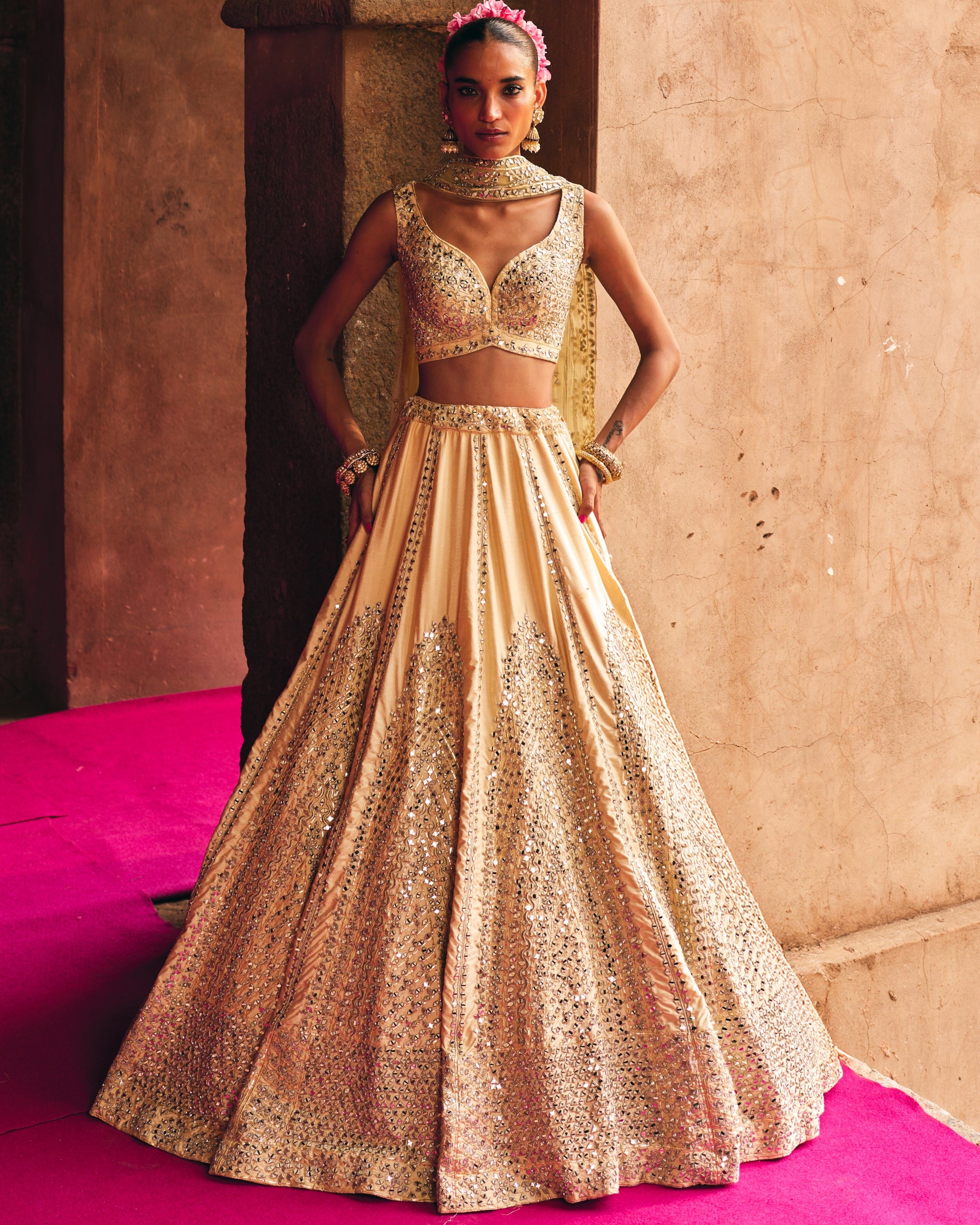 Champagne Gold Raw Silk Lehenga Set
