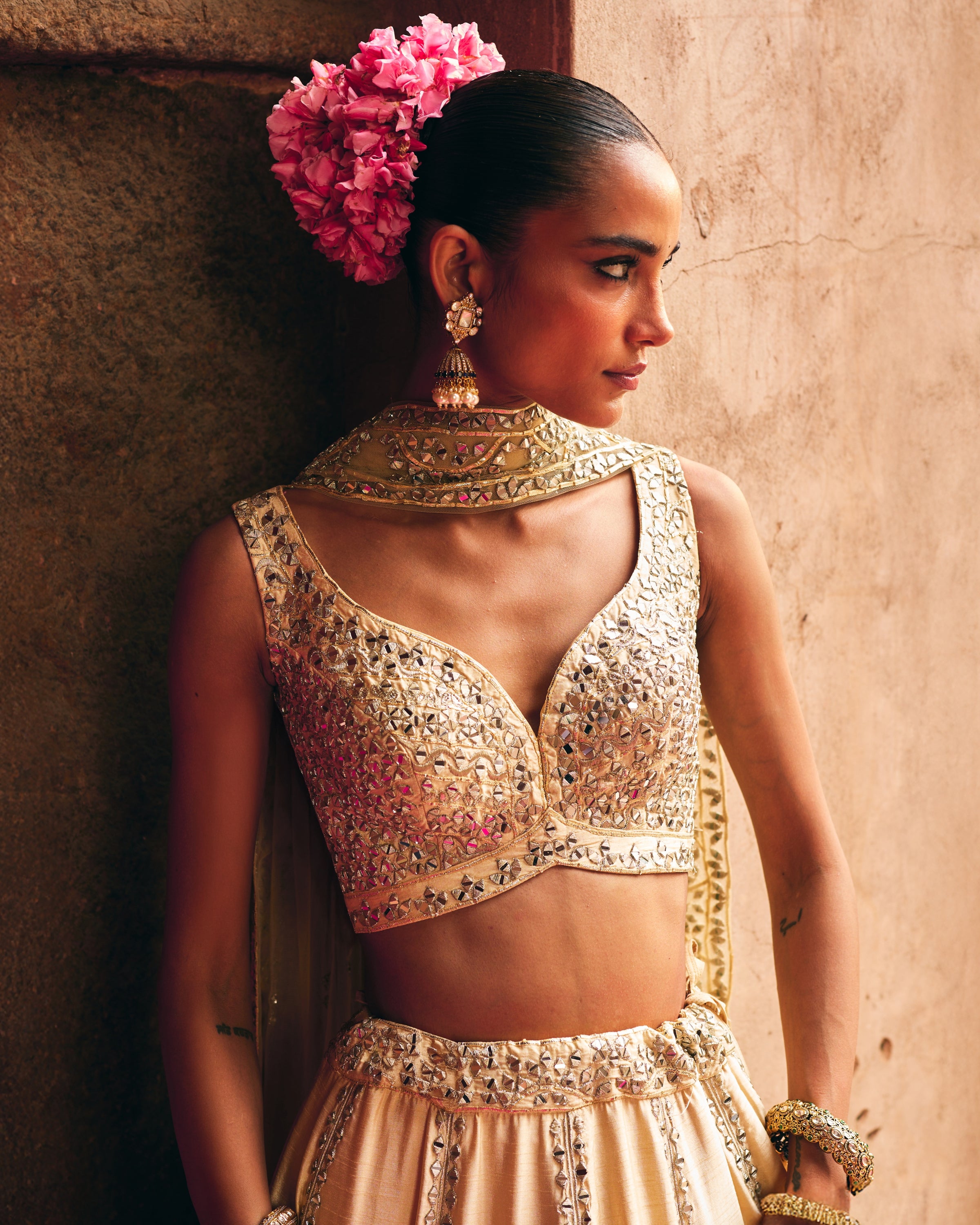 Champagne Gold Raw Silk Lehenga Set