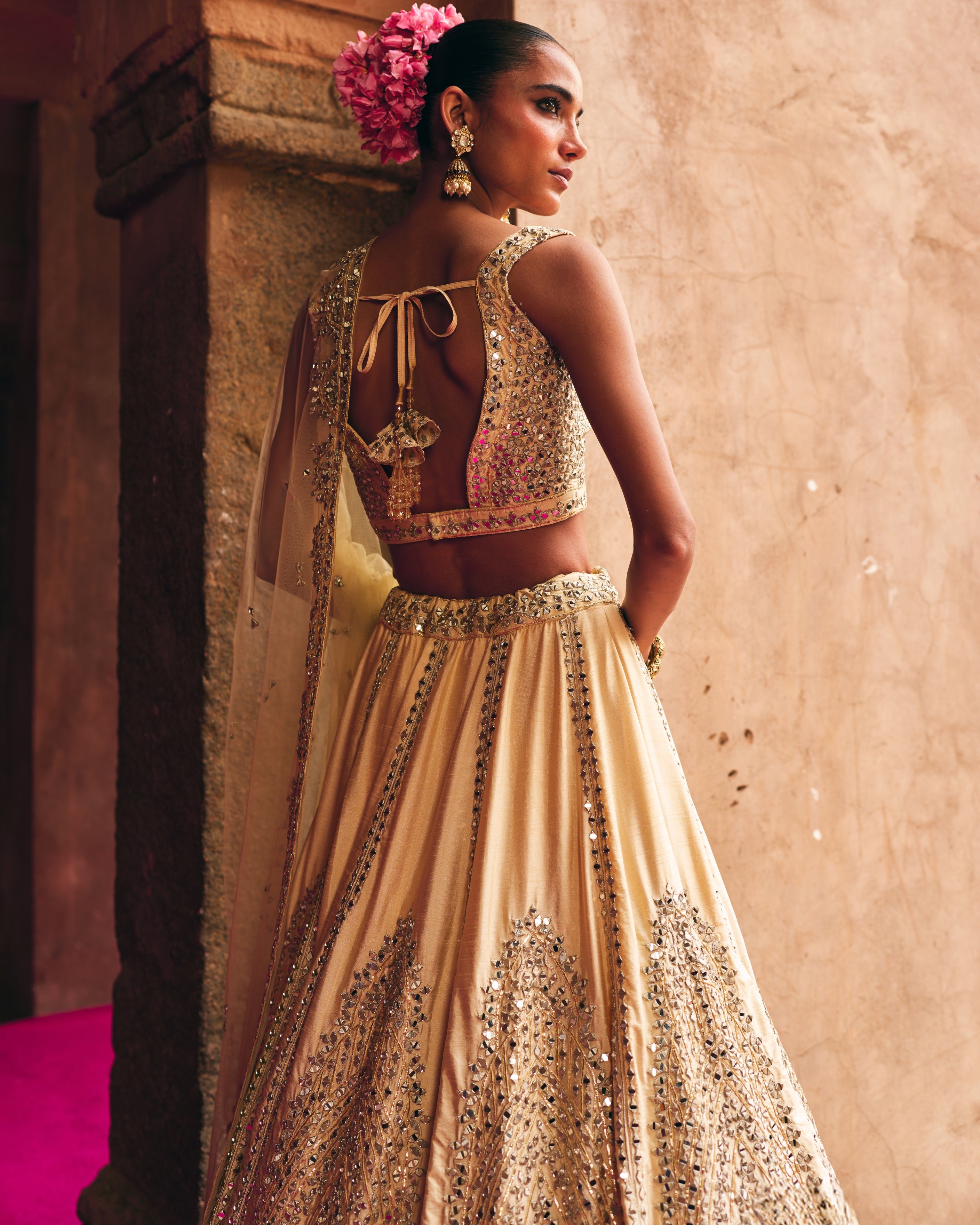 Champagne Gold Raw Silk Lehenga Set