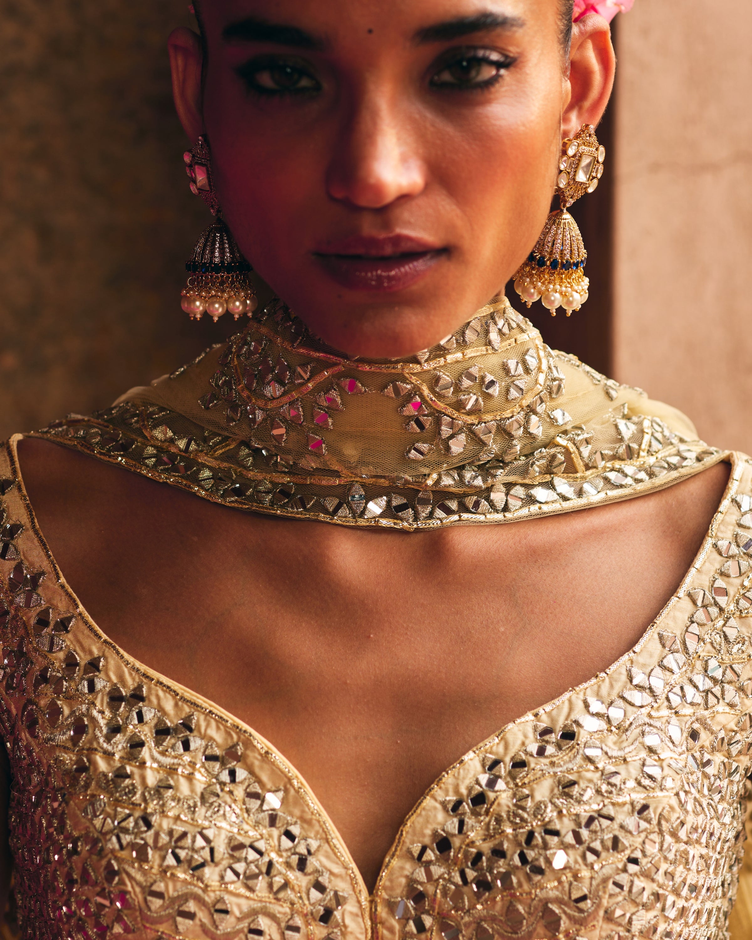 Champagne Gold Raw Silk Lehenga Set