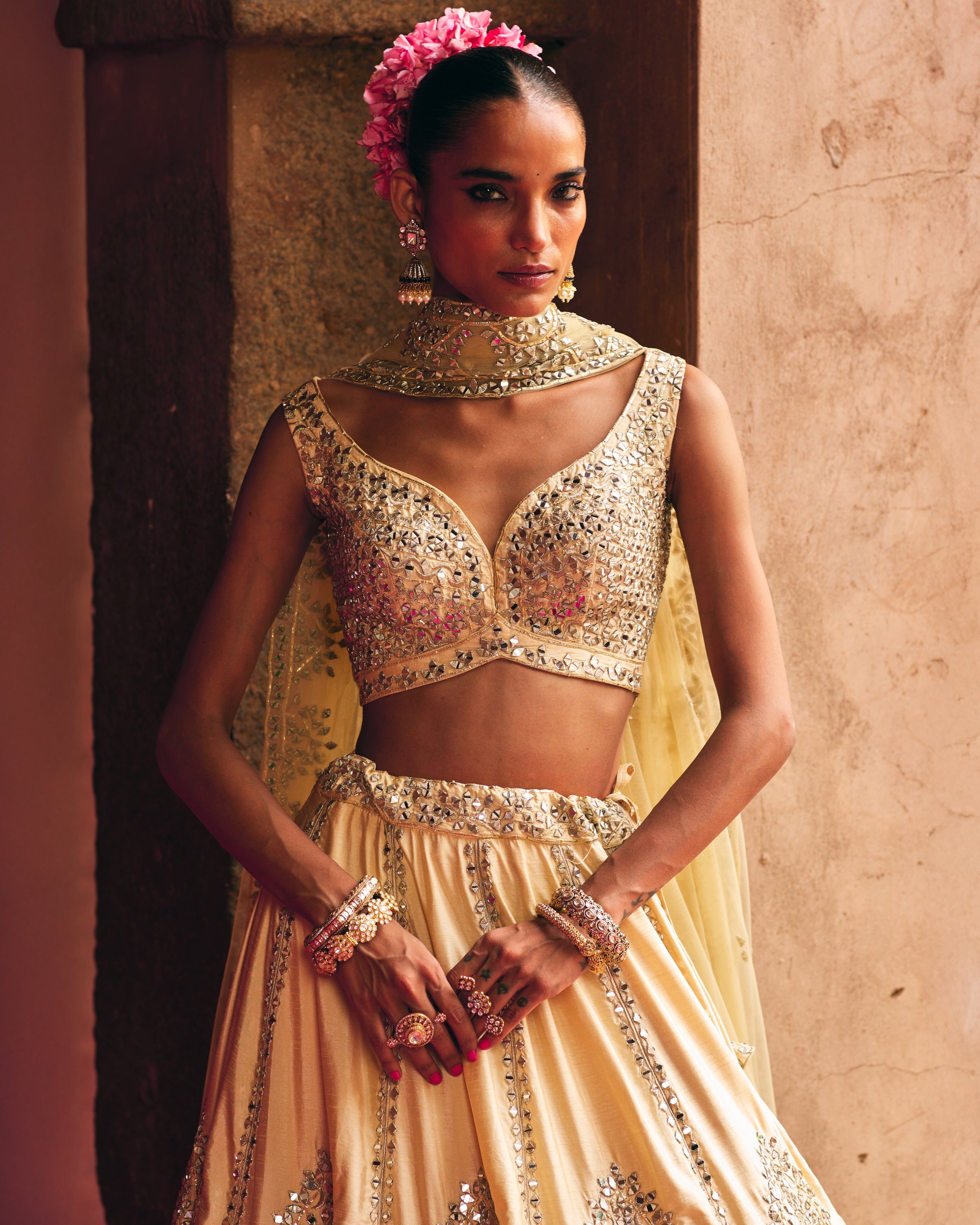 Champagne Gold Raw Silk Lehenga Set