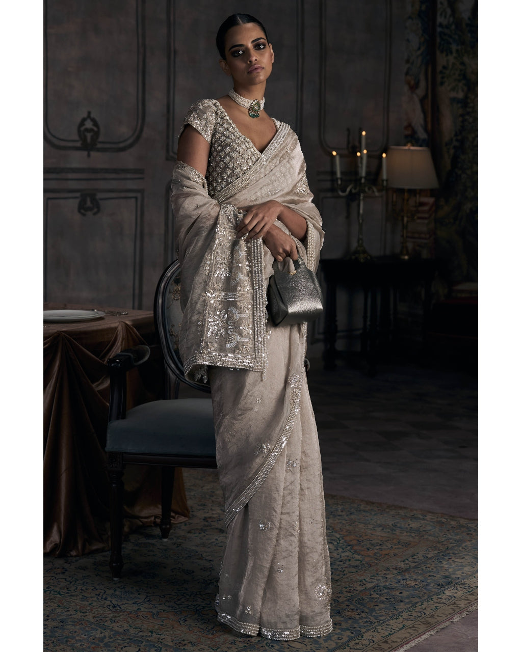 The Tarnished Silver Wild Dandelion Tissue Sari Set