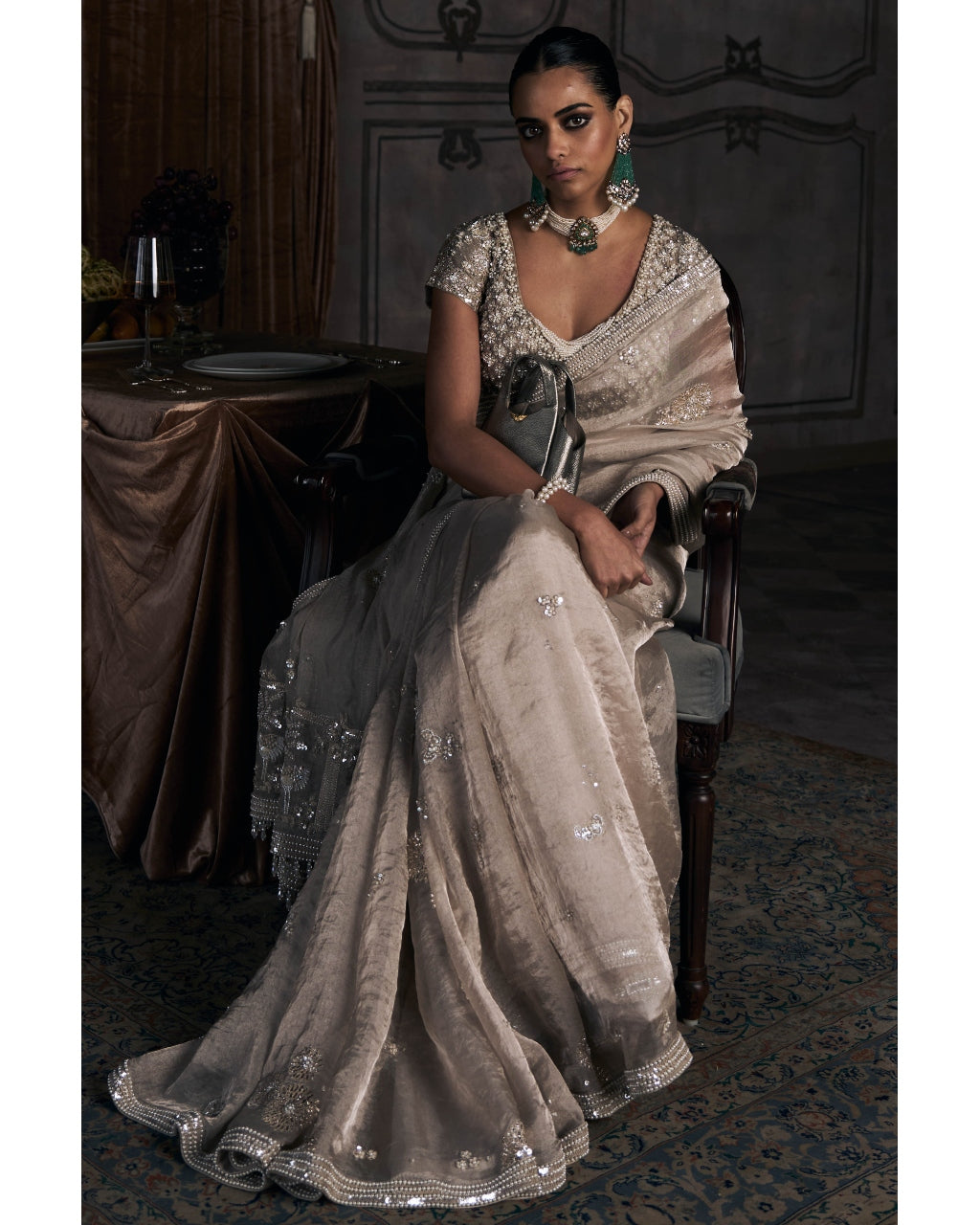 The Tarnished Silver Wild Dandelion Tissue Sari Set