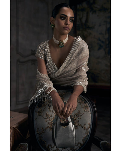 The Tarnished Silver Wild Dandelion Tissue Sari Set