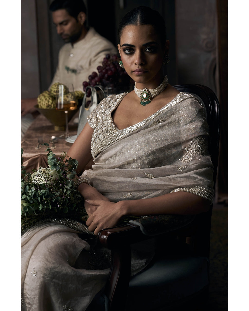 The Tarnished Silver Wild Dandelion Tissue Sari Set