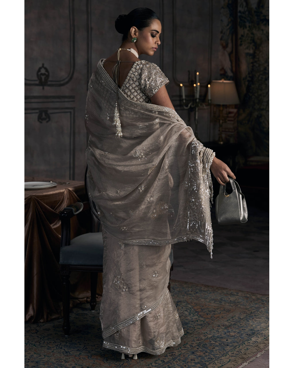 The Tarnished Silver Wild Dandelion Tissue Sari Set