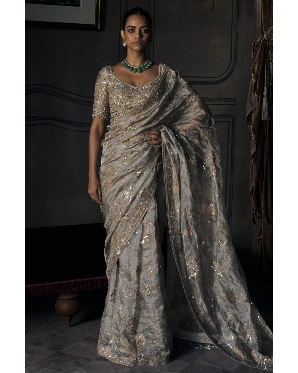 The Silent Waterlillies Aquamarine Tissue Sari