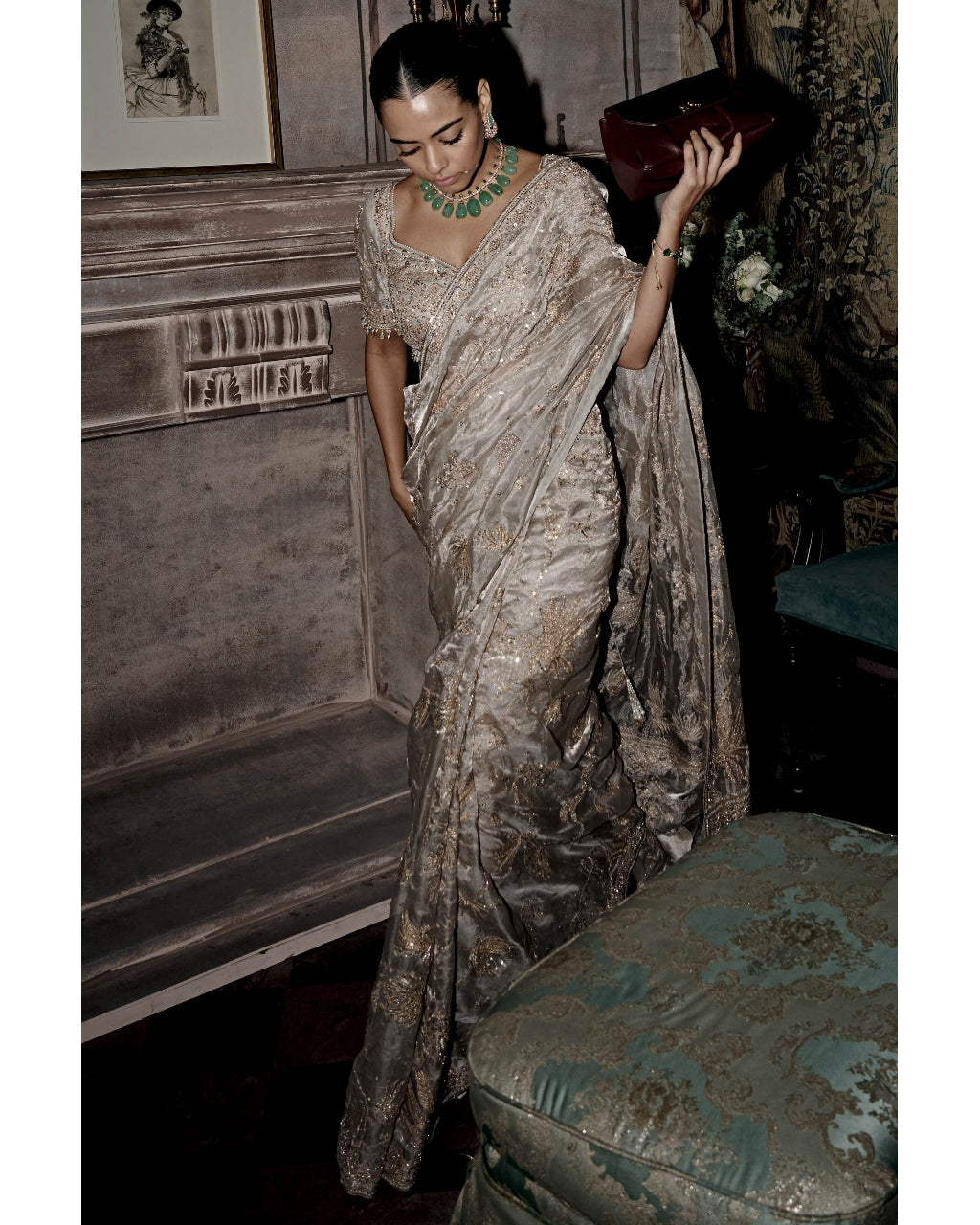 The Silent Waterlillies Aquamarine Tissue Sari