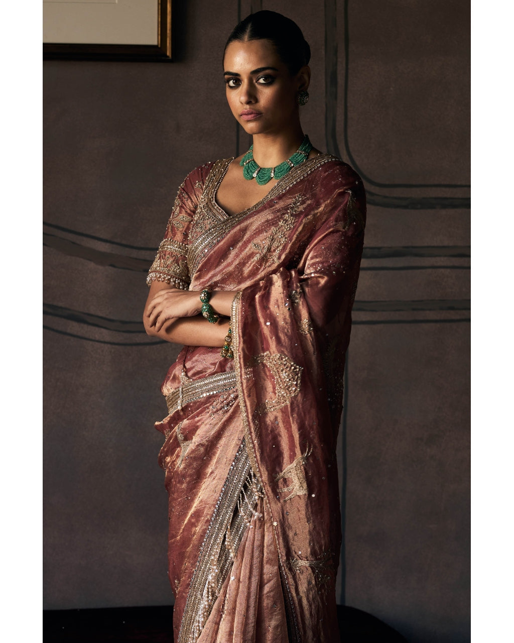 The Tales of Masai Aged Gold Tangerine Tissue Sari Set
