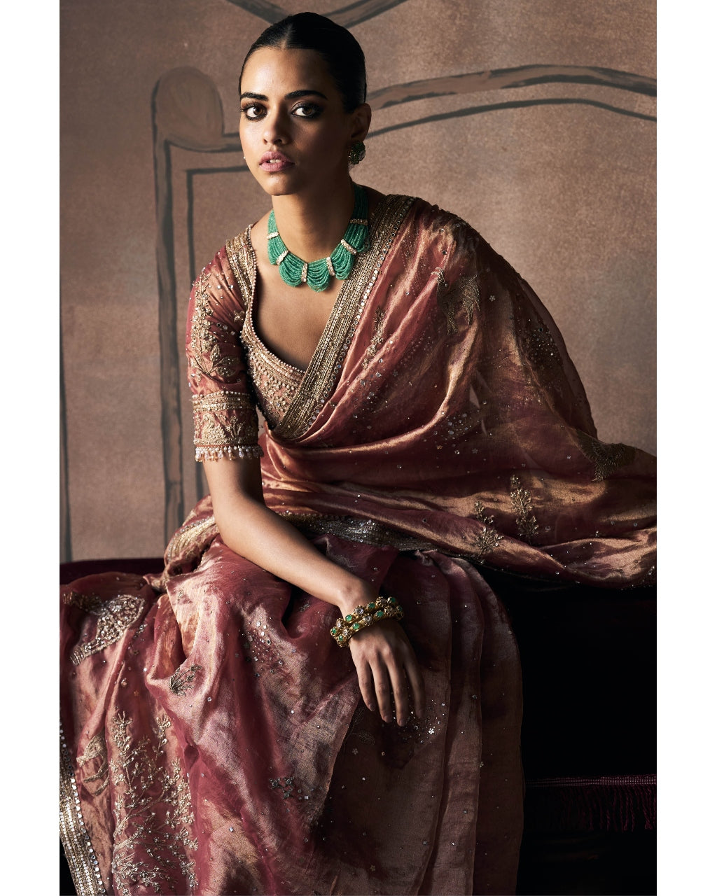 The Tales of Masai Aged Gold Tangerine Tissue Sari Set
