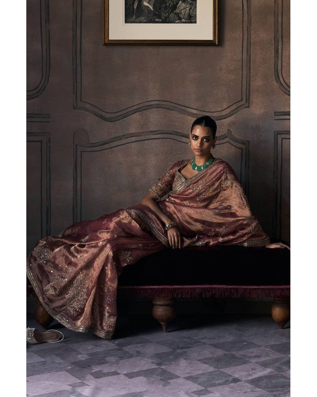 The Tales of Masai Aged Gold Tangerine Tissue Sari Set