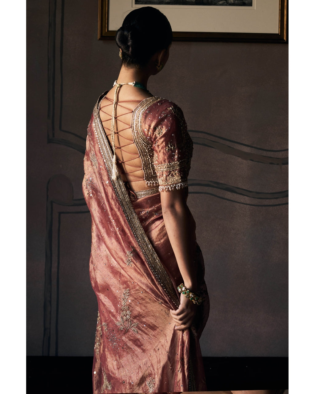 The Tales of Masai Aged Gold Tangerine Tissue Sari Set