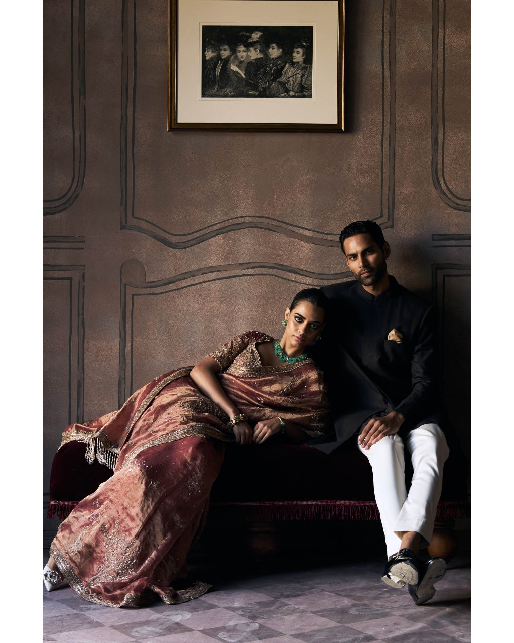 The Tales of Masai Aged Gold Tangerine Tissue Sari Set