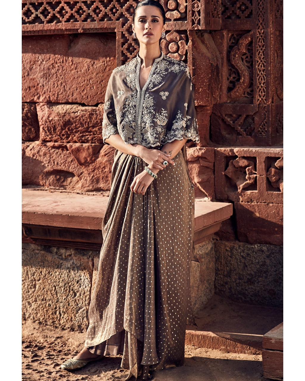 The Sona Patti Multani Mini Cape With The Iconic Wing Stitched Sari